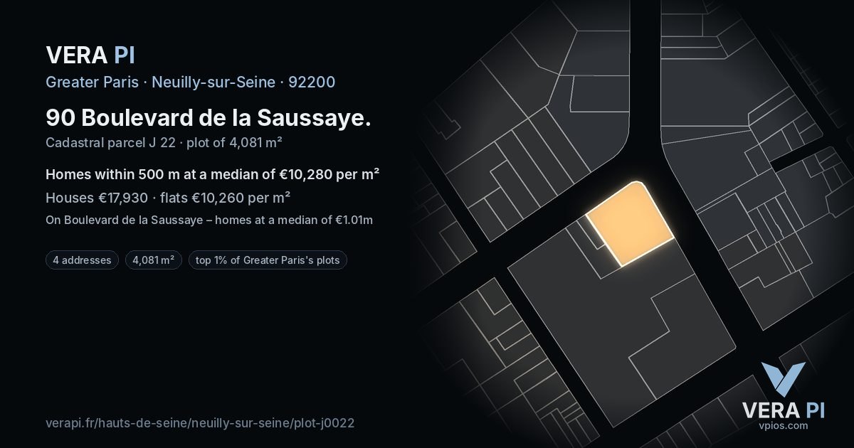 90 Boulevard de la Saussaye, Neuilly-sur-Seine at night – the plot lit, the parcels around coloured by the prices near them