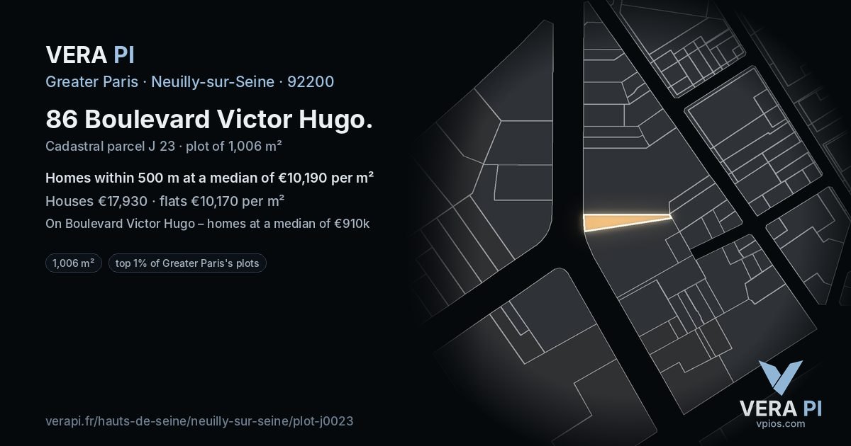 86 Boulevard Victor Hugo, Neuilly-sur-Seine at night – the plot lit, the parcels around coloured by the prices near them