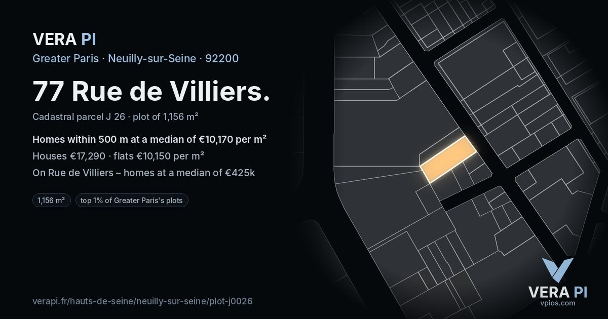 77 Rue de Villiers, Neuilly-sur-Seine at night – the plot lit, the parcels around coloured by the prices near them
