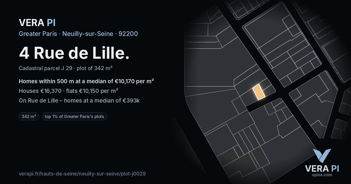4 Rue de Lille, Neuilly-sur-Seine at night – the plot lit, the parcels around coloured by the prices near them