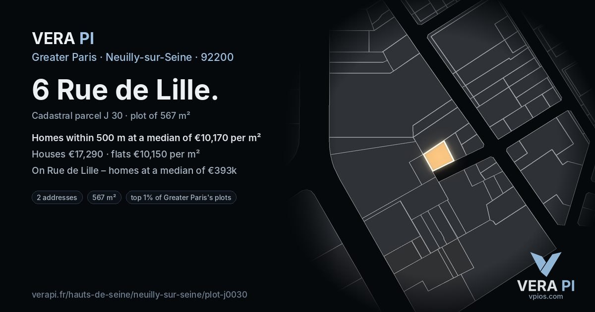 6 Rue de Lille, Neuilly-sur-Seine at night – the plot lit, the parcels around coloured by the prices near them