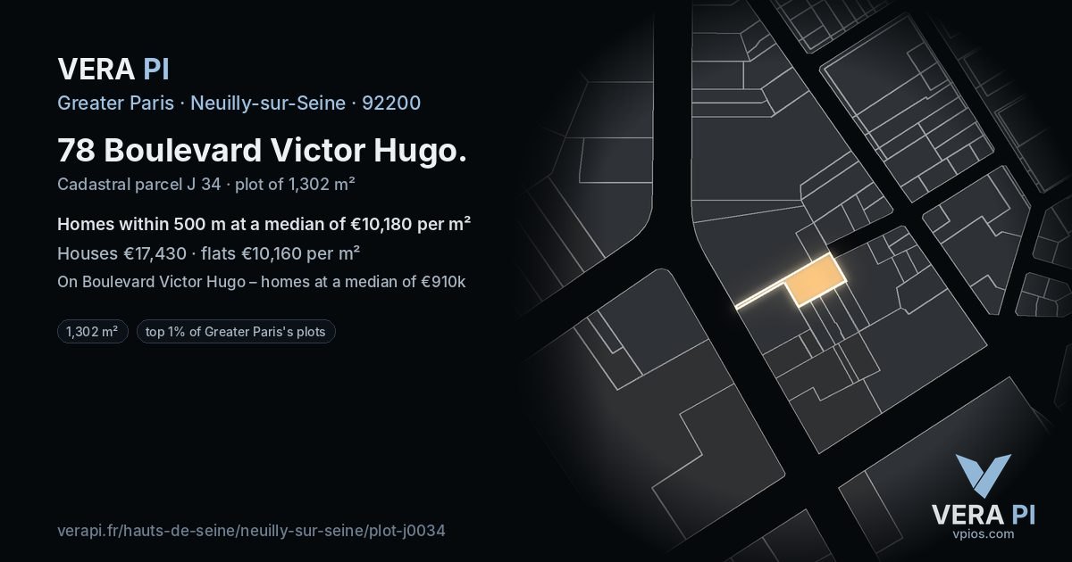 78 Boulevard Victor Hugo, Neuilly-sur-Seine at night – the plot lit, the parcels around coloured by the prices near them