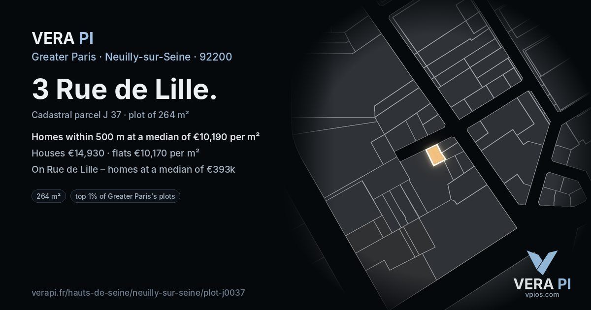 3 Rue de Lille, Neuilly-sur-Seine at night – the plot lit, the parcels around coloured by the prices near them