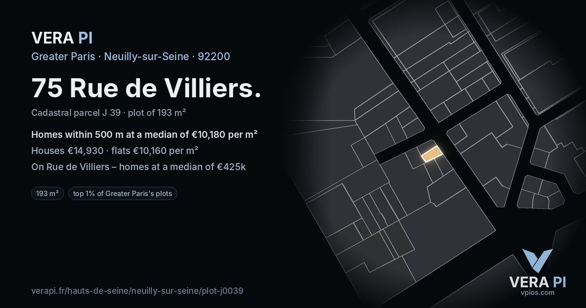 75 Rue de Villiers, Neuilly-sur-Seine at night – the plot lit, the parcels around coloured by the prices near them