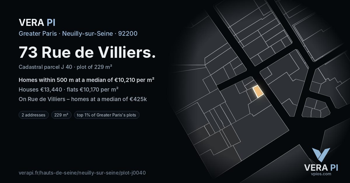 73 Rue de Villiers, Neuilly-sur-Seine at night – the plot lit, the parcels around coloured by the prices near them