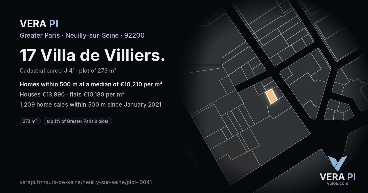 17 Villa de Villiers, Neuilly-sur-Seine at night – the plot lit, the parcels around coloured by the prices near them
