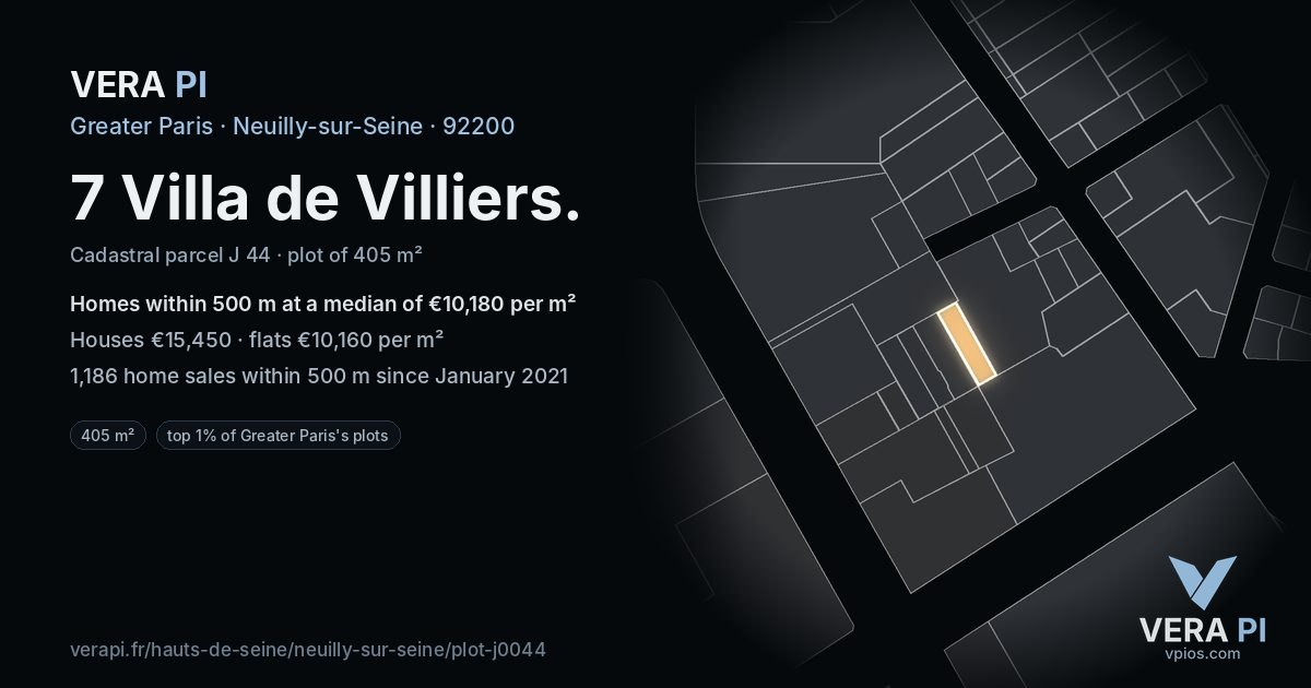 7 Villa de Villiers, Neuilly-sur-Seine at night – the plot lit, the parcels around coloured by the prices near them