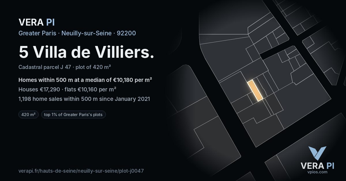 5 Villa de Villiers, Neuilly-sur-Seine at night – the plot lit, the parcels around coloured by the prices near them