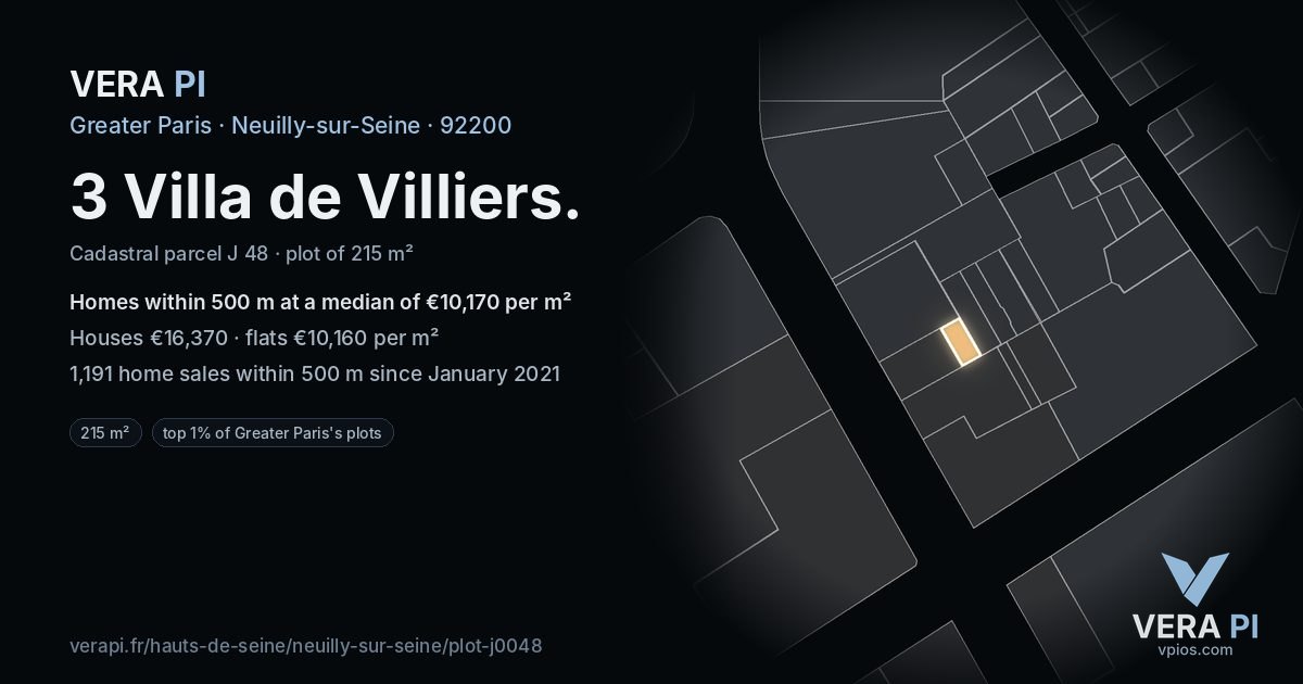 3 Villa de Villiers, Neuilly-sur-Seine at night – the plot lit, the parcels around coloured by the prices near them