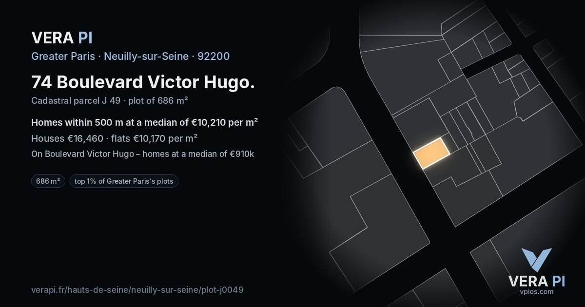 74 Boulevard Victor Hugo, Neuilly-sur-Seine at night – the plot lit, the parcels around coloured by the prices near them