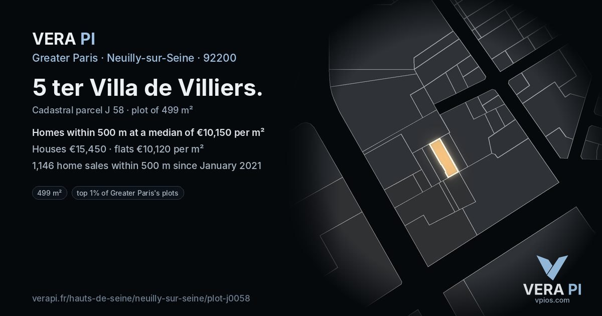 5 ter Villa de Villiers, Neuilly-sur-Seine at night – the plot lit, the parcels around coloured by the prices near them