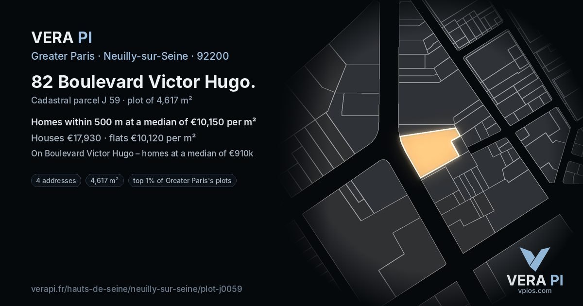 82 Boulevard Victor Hugo, Neuilly-sur-Seine at night – the plot lit, the parcels around coloured by the prices near them