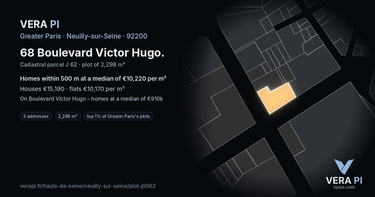 68 Boulevard Victor Hugo, Neuilly-sur-Seine at night – the plot lit, the parcels around coloured by the prices near them