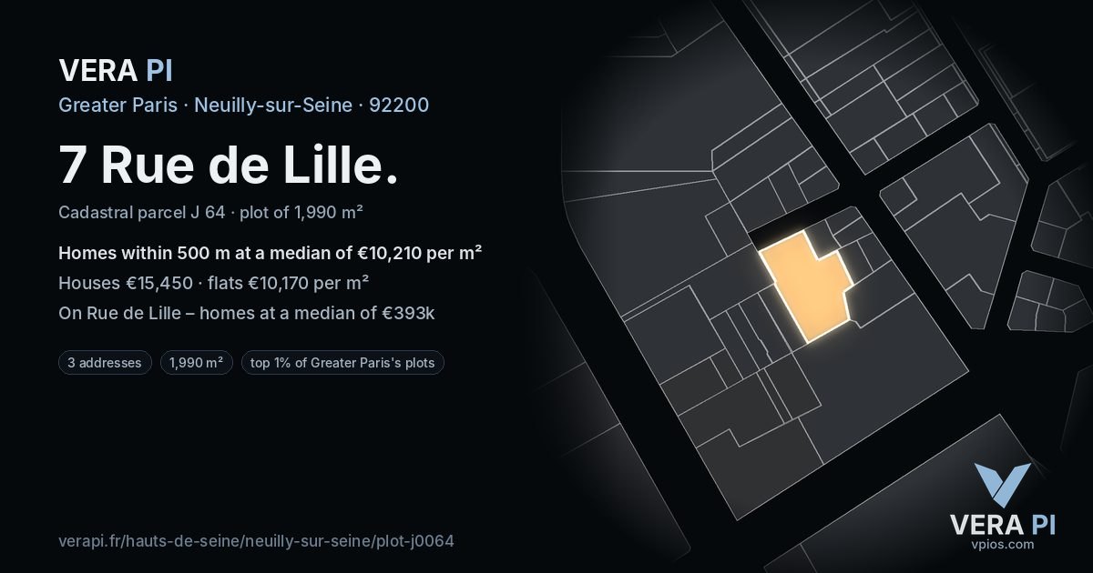 7 Rue de Lille, Neuilly-sur-Seine at night – the plot lit, the parcels around coloured by the prices near them