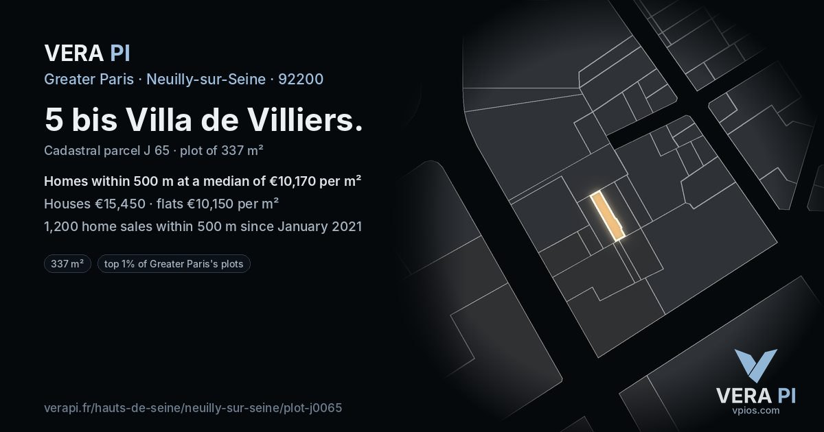 5 bis Villa de Villiers, Neuilly-sur-Seine at night – the plot lit, the parcels around coloured by the prices near them