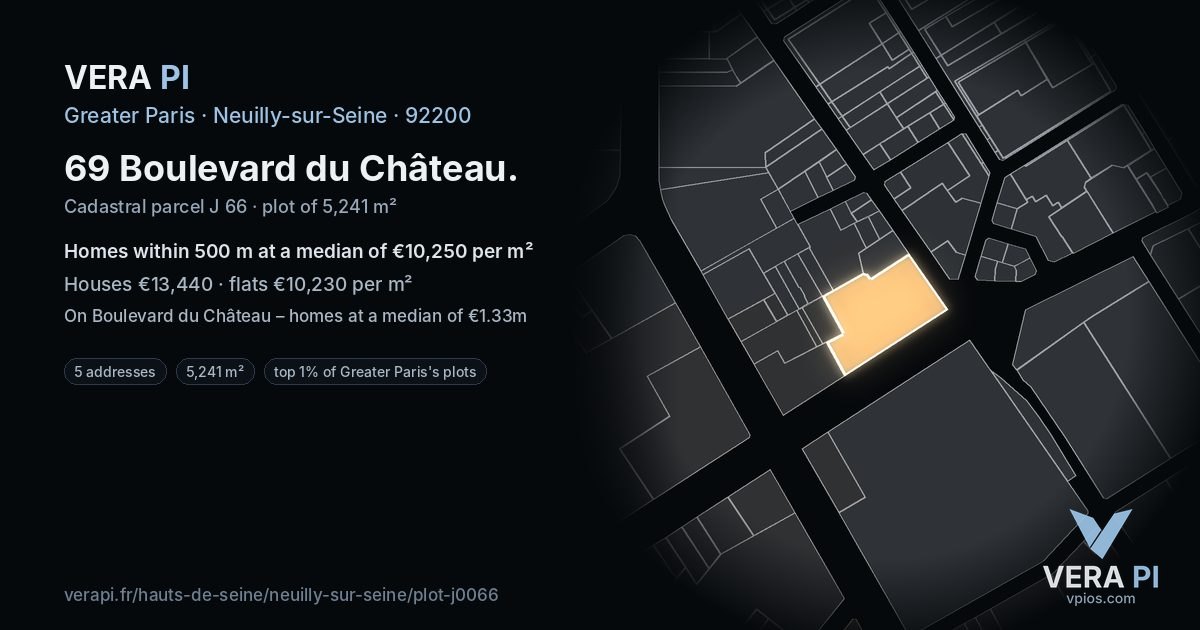 69 Boulevard du Château, Neuilly-sur-Seine at night – the plot lit, the parcels around coloured by the prices near them