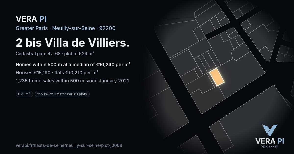 2 bis Villa de Villiers, Neuilly-sur-Seine at night – the plot lit, the parcels around coloured by the prices near them