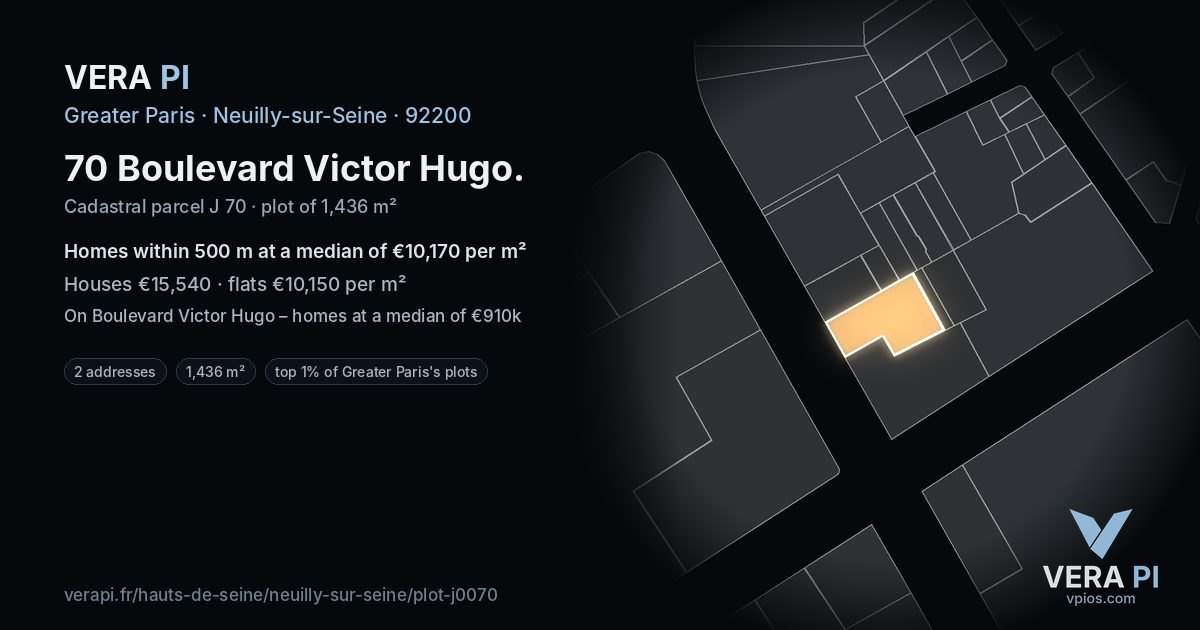 70 Boulevard Victor Hugo, Neuilly-sur-Seine at night – the plot lit, the parcels around coloured by the prices near them