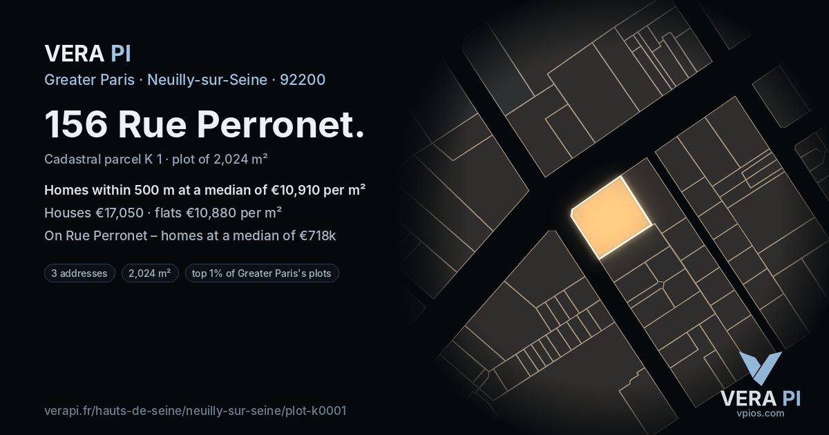 156 Rue Perronet, Neuilly-sur-Seine at night – the plot lit, the parcels around coloured by the prices near them