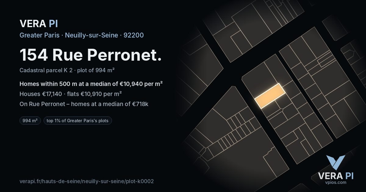154 Rue Perronet, Neuilly-sur-Seine at night – the plot lit, the parcels around coloured by the prices near them