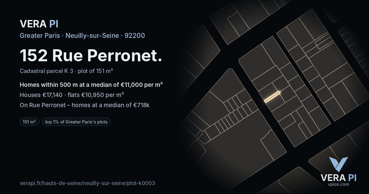 152 Rue Perronet, Neuilly-sur-Seine at night – the plot lit, the parcels around coloured by the prices near them