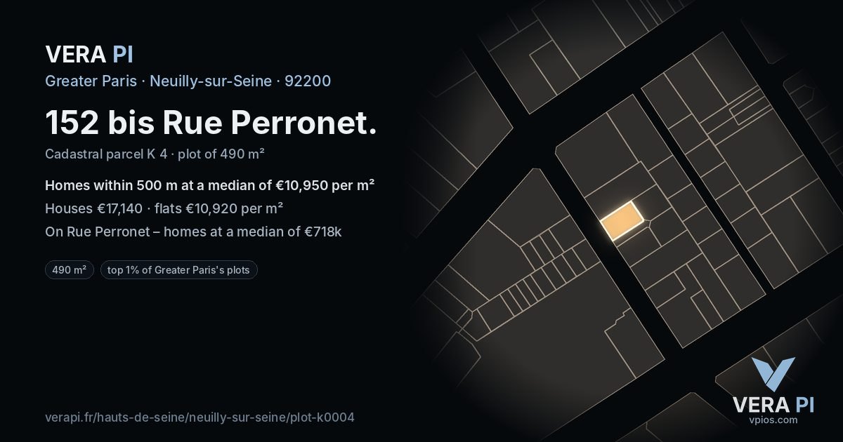 152 bis Rue Perronet, Neuilly-sur-Seine at night – the plot lit, the parcels around coloured by the prices near them