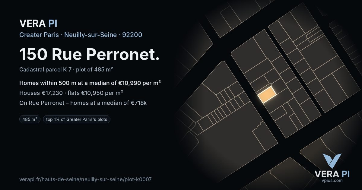 150 Rue Perronet, Neuilly-sur-Seine at night – the plot lit, the parcels around coloured by the prices near them