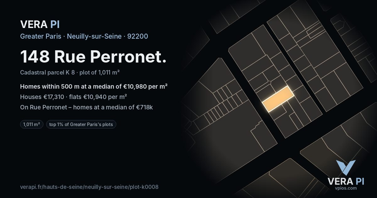 148 Rue Perronet, Neuilly-sur-Seine at night – the plot lit, the parcels around coloured by the prices near them