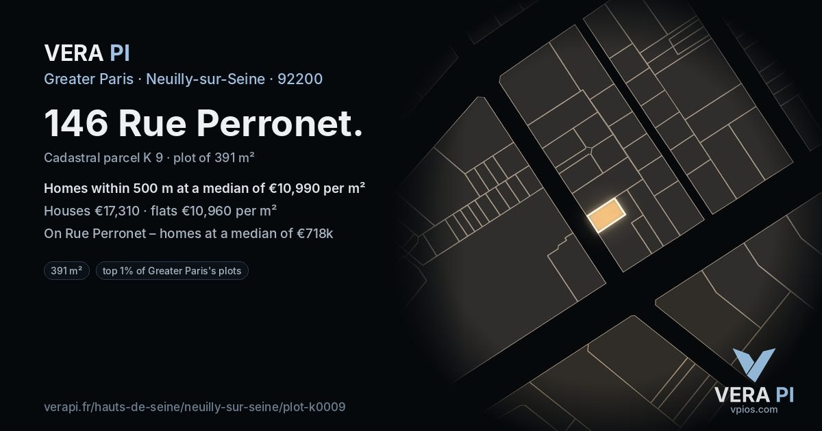 146 Rue Perronet, Neuilly-sur-Seine at night – the plot lit, the parcels around coloured by the prices near them