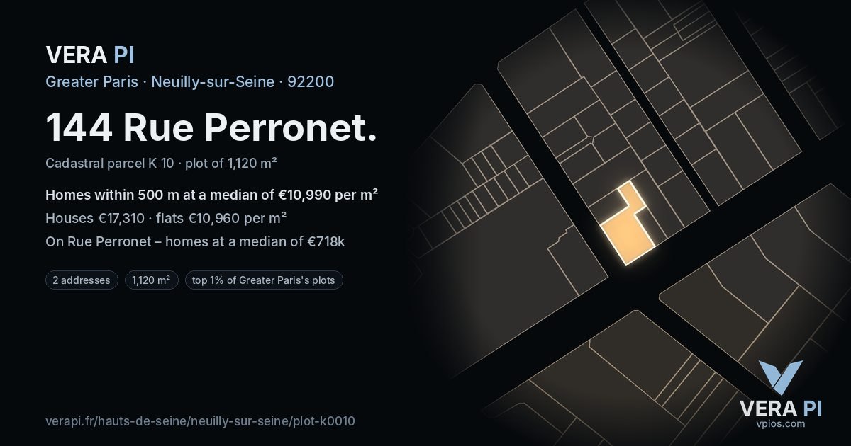 144 Rue Perronet, Neuilly-sur-Seine at night – the plot lit, the parcels around coloured by the prices near them