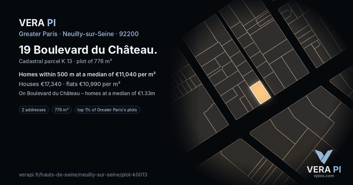 19 Boulevard du Château, Neuilly-sur-Seine at night – the plot lit, the parcels around coloured by the prices near them