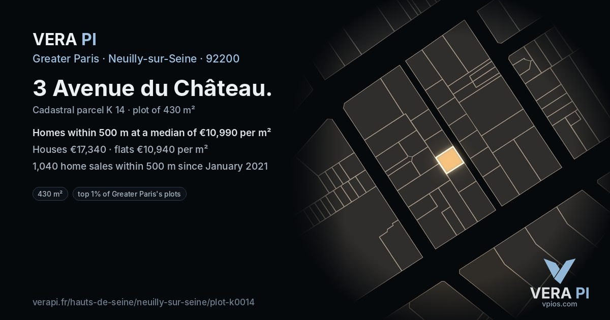 3 Avenue du Château, Neuilly-sur-Seine at night – the plot lit, the parcels around coloured by the prices near them