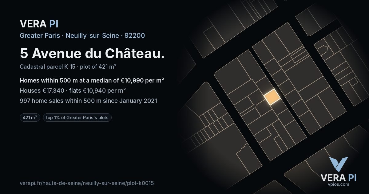 5 Avenue du Château, Neuilly-sur-Seine at night – the plot lit, the parcels around coloured by the prices near them
