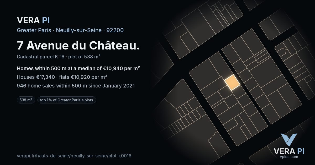 7 Avenue du Château, Neuilly-sur-Seine at night – the plot lit, the parcels around coloured by the prices near them
