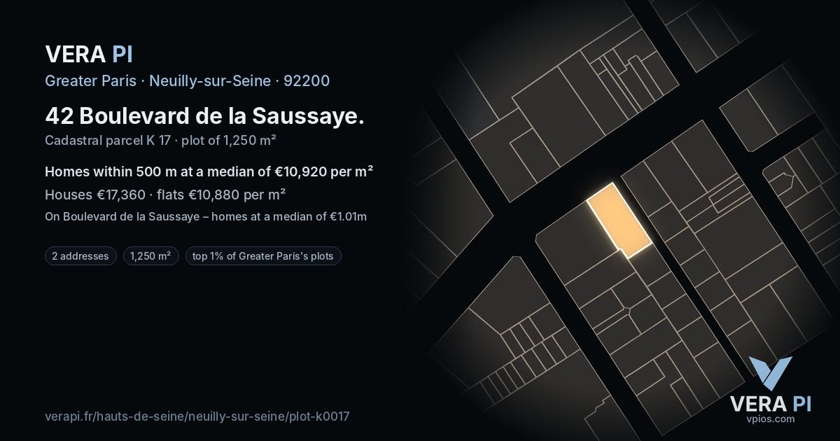 42 Boulevard de la Saussaye, Neuilly-sur-Seine at night – the plot lit, the parcels around coloured by the prices near them