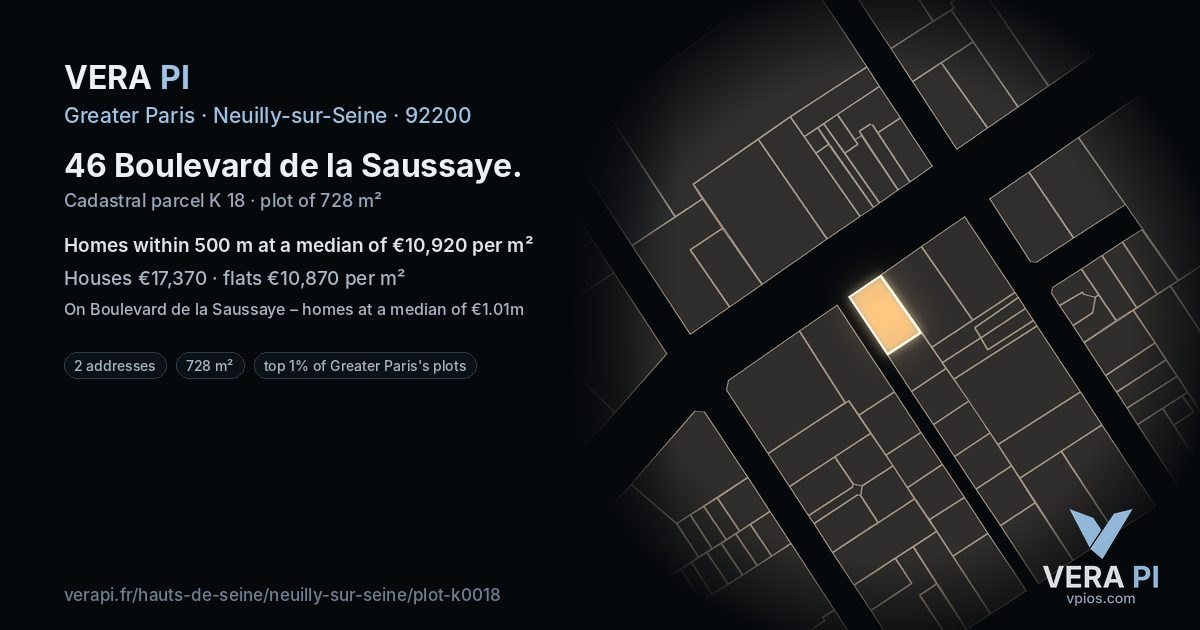 46 Boulevard de la Saussaye, Neuilly-sur-Seine at night – the plot lit, the parcels around coloured by the prices near them