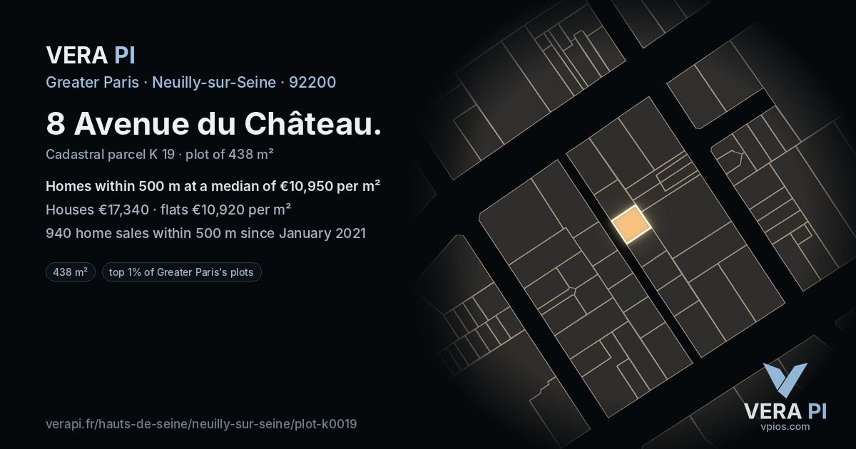 8 Avenue du Château, Neuilly-sur-Seine at night – the plot lit, the parcels around coloured by the prices near them