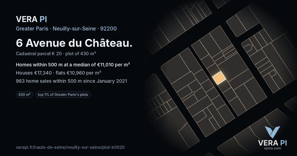 6 Avenue du Château, Neuilly-sur-Seine at night – the plot lit, the parcels around coloured by the prices near them