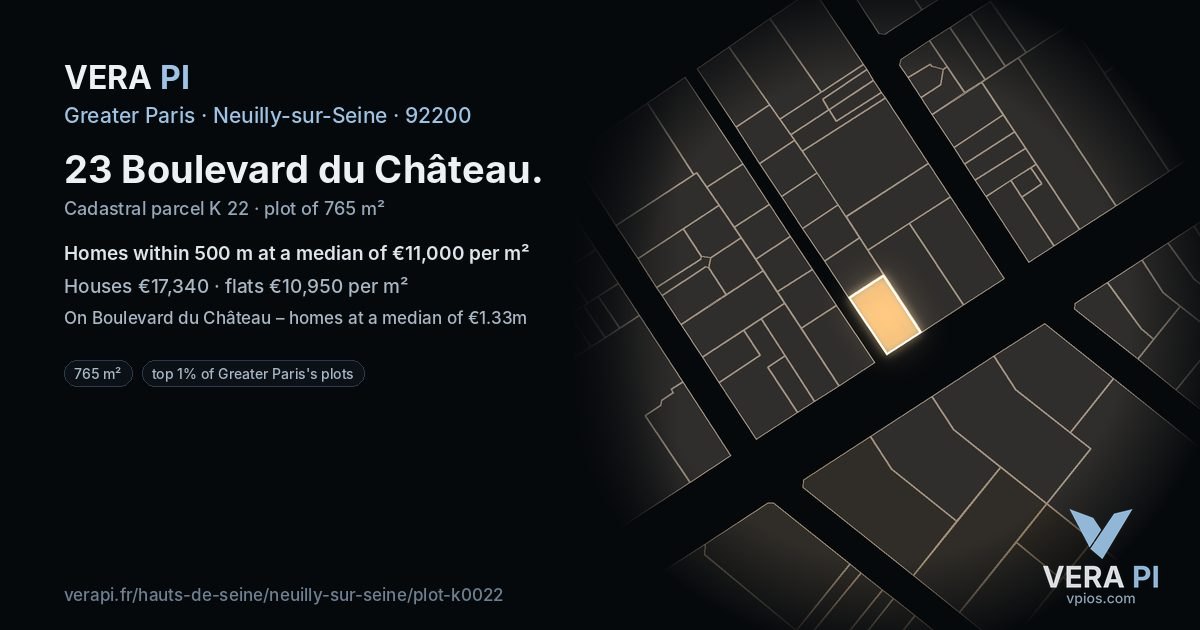 23 Boulevard du Château, Neuilly-sur-Seine at night – the plot lit, the parcels around coloured by the prices near them