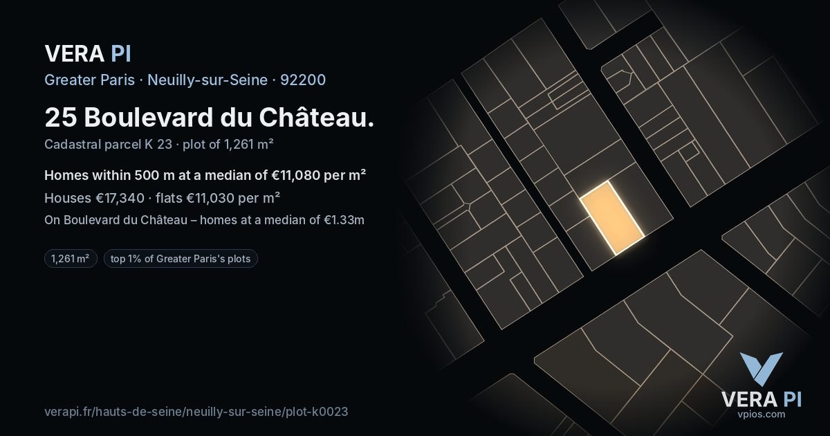 25 Boulevard du Château, Neuilly-sur-Seine at night – the plot lit, the parcels around coloured by the prices near them