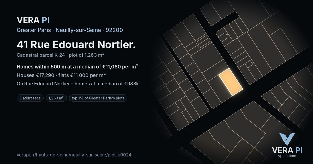 41 Rue Edouard Nortier, Neuilly-sur-Seine at night – the plot lit, the parcels around coloured by the prices near them
