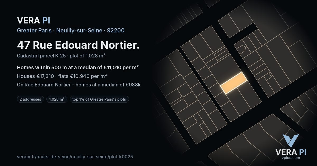 47 Rue Edouard Nortier, Neuilly-sur-Seine at night – the plot lit, the parcels around coloured by the prices near them