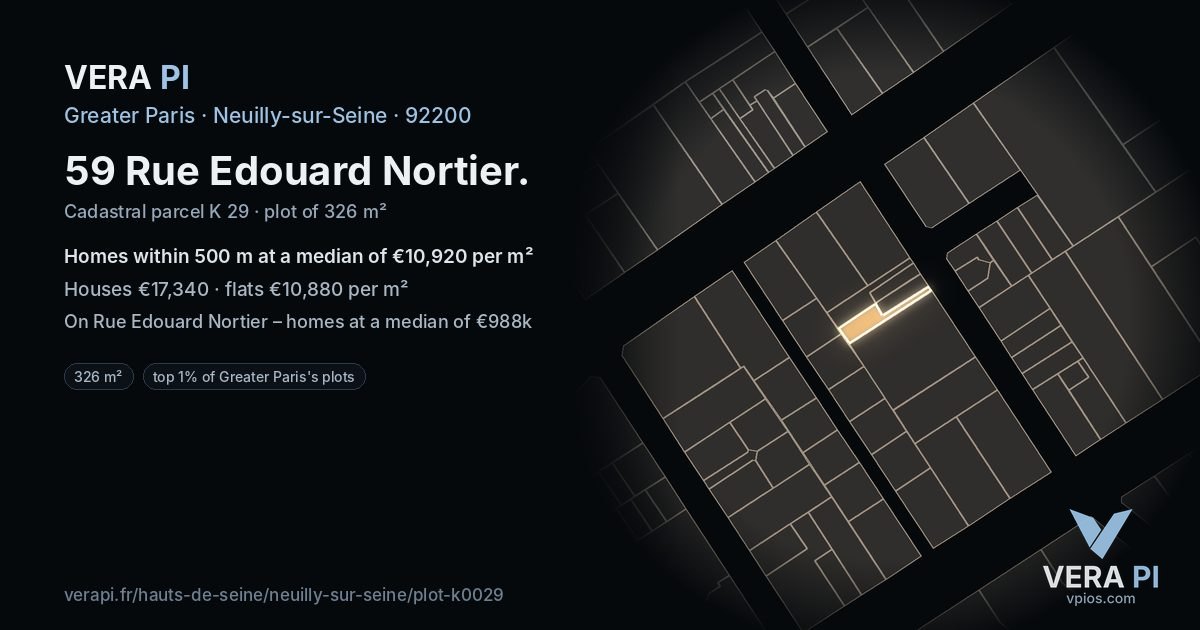 59 Rue Edouard Nortier, Neuilly-sur-Seine at night – the plot lit, the parcels around coloured by the prices near them
