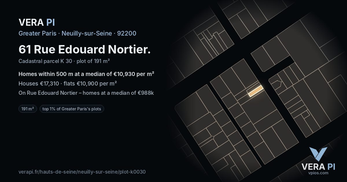 61 Rue Edouard Nortier, Neuilly-sur-Seine at night – the plot lit, the parcels around coloured by the prices near them