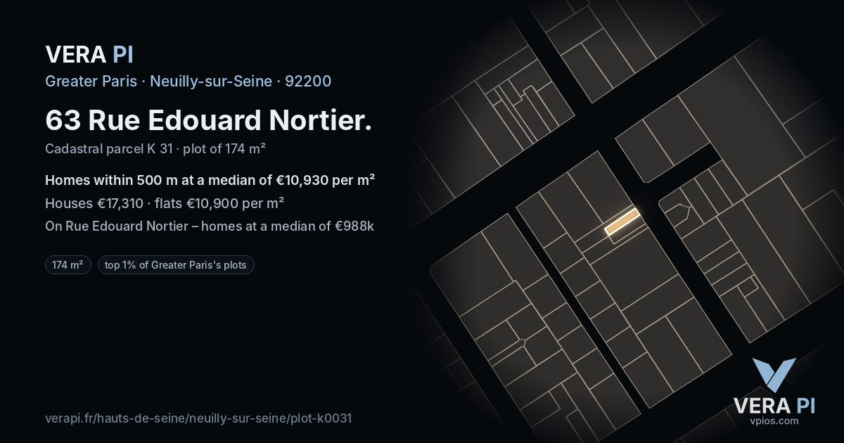 63 Rue Edouard Nortier, Neuilly-sur-Seine at night – the plot lit, the parcels around coloured by the prices near them