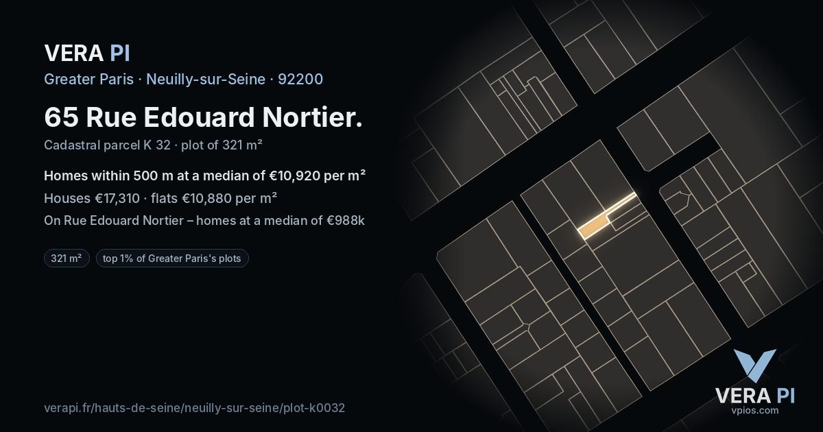 65 Rue Edouard Nortier, Neuilly-sur-Seine at night – the plot lit, the parcels around coloured by the prices near them