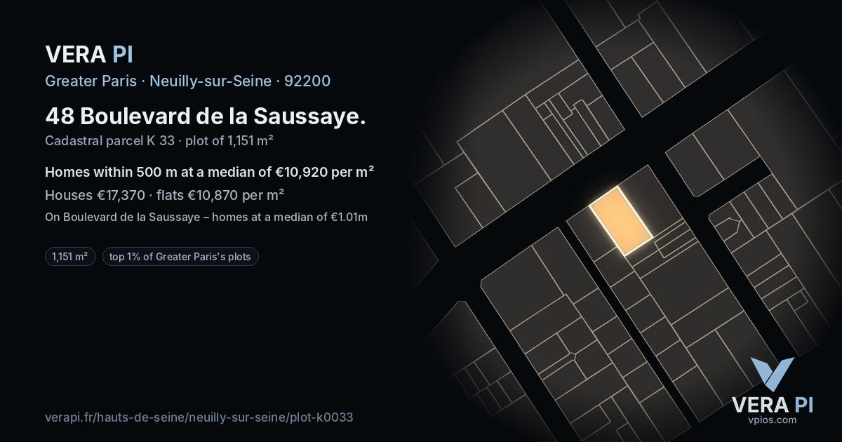 48 Boulevard de la Saussaye, Neuilly-sur-Seine at night – the plot lit, the parcels around coloured by the prices near them