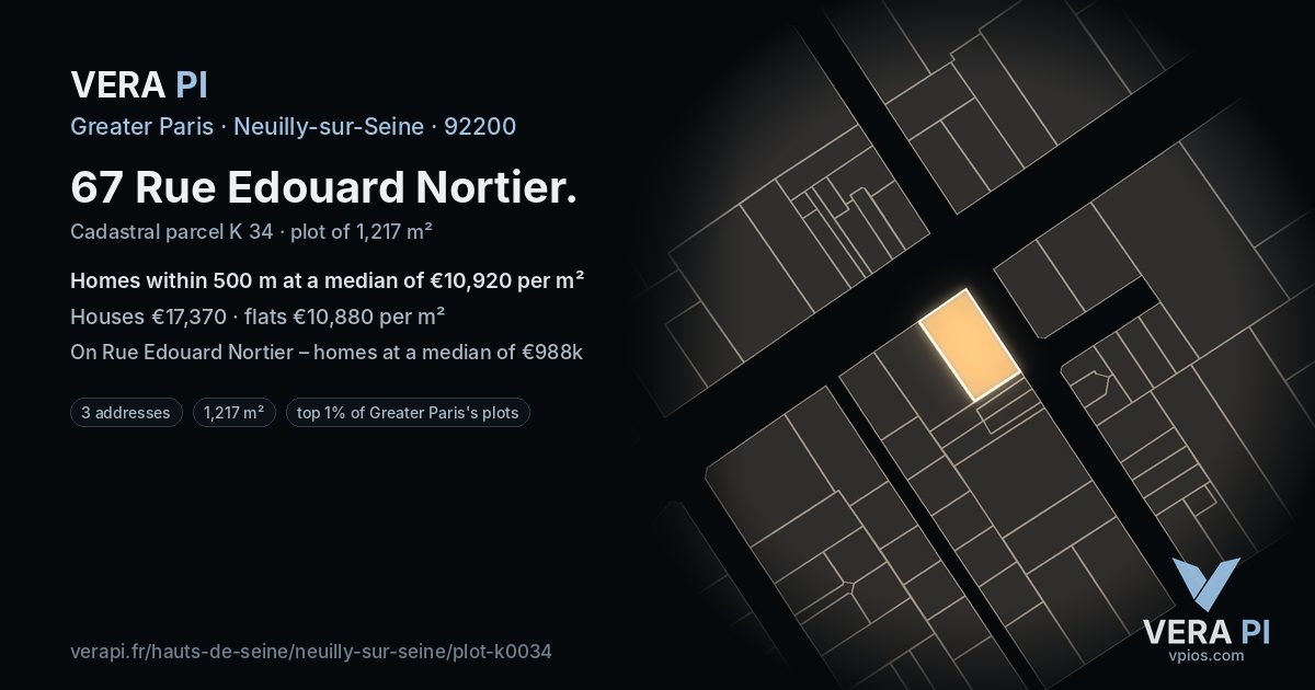 67 Rue Edouard Nortier, Neuilly-sur-Seine at night – the plot lit, the parcels around coloured by the prices near them