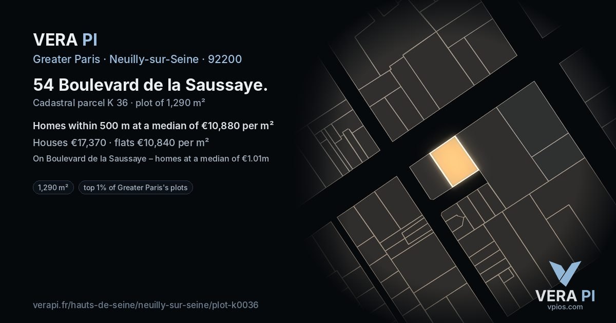 54 Boulevard de la Saussaye, Neuilly-sur-Seine at night – the plot lit, the parcels around coloured by the prices near them