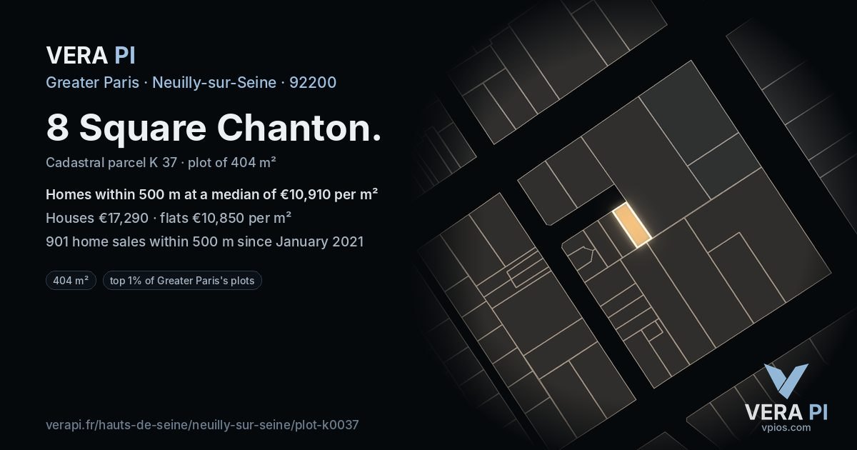 8 Square Chanton, Neuilly-sur-Seine at night – the plot lit, the parcels around coloured by the prices near them